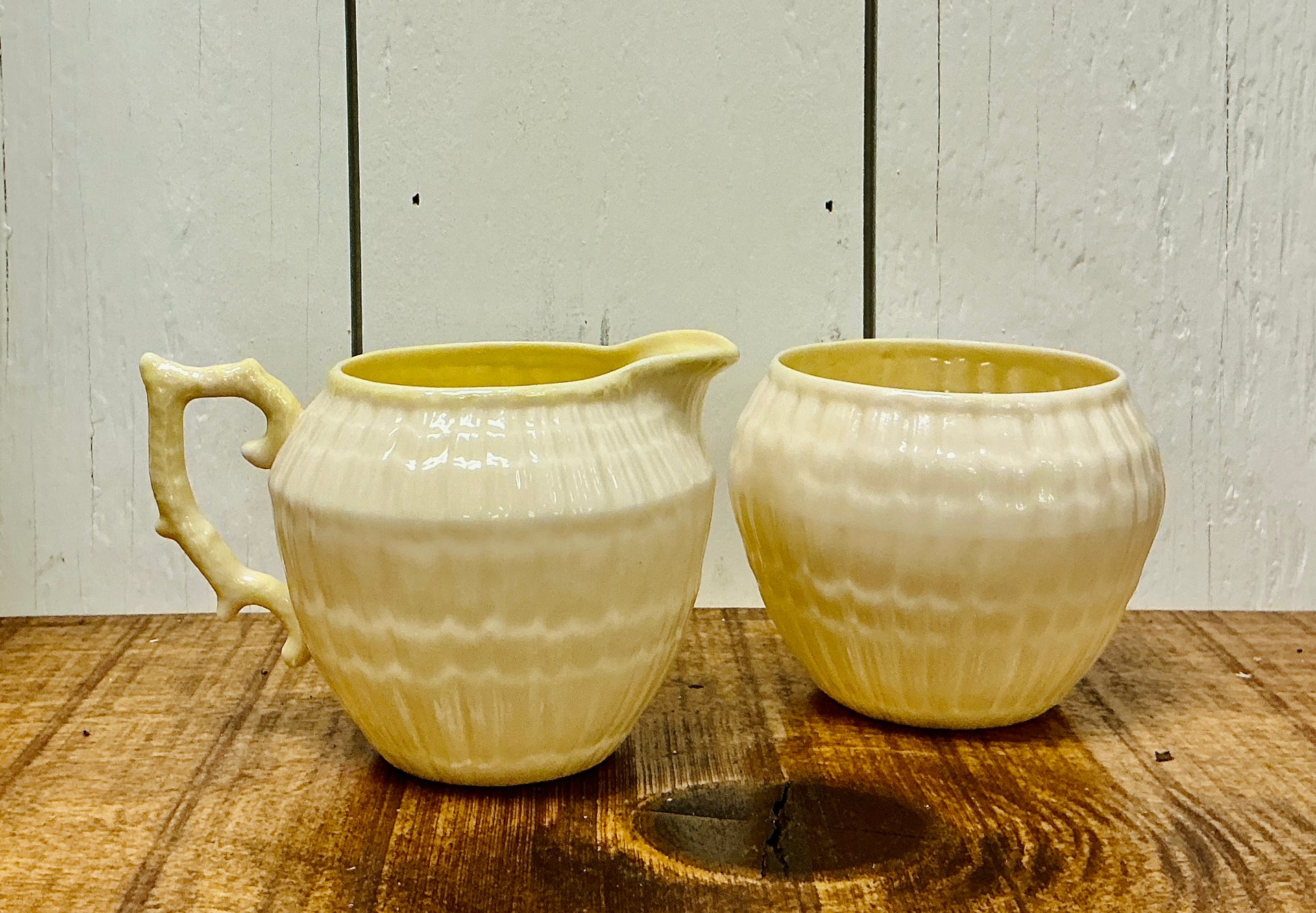 Belleek Limpet Yellow Luster Creamer & Sugar Bowl