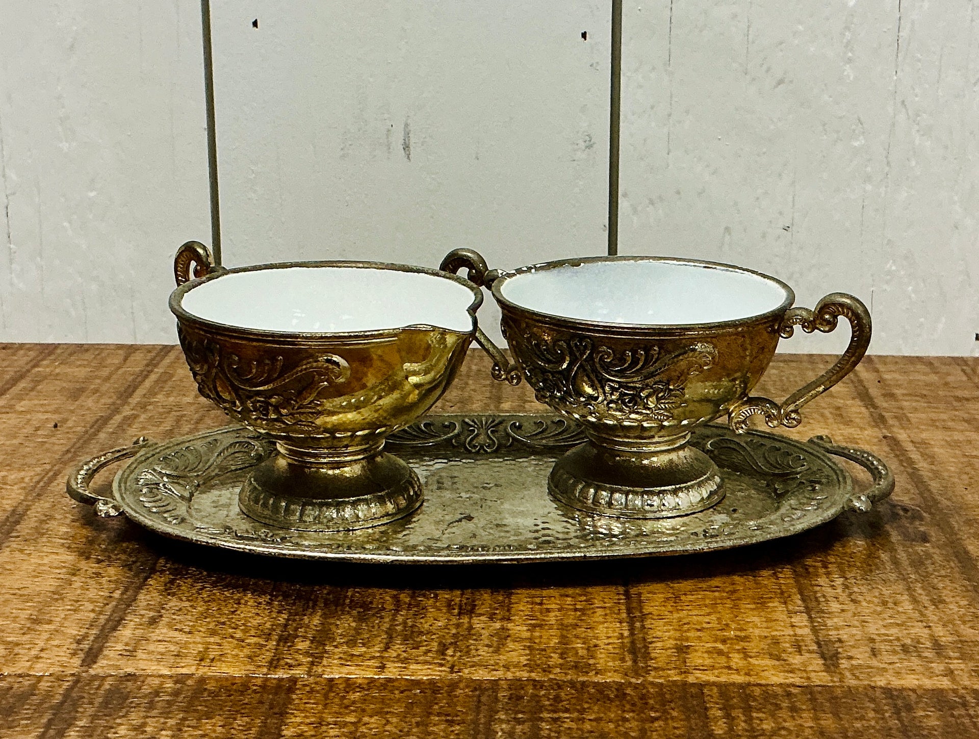 Vintage Silver Plated Creamer & Sugar Set with White Enameled Lining