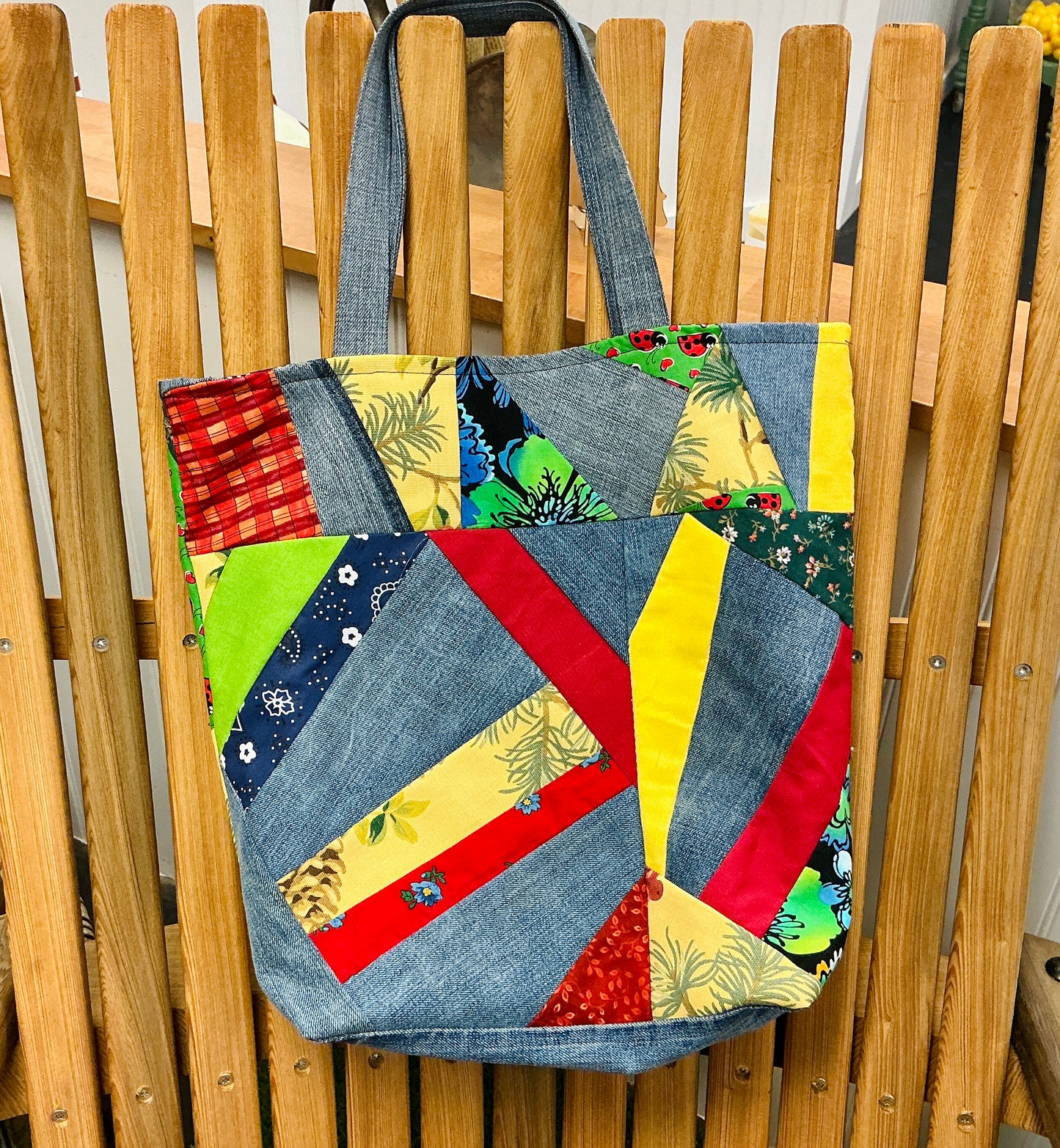 Quilted Market Tote Bag made with Up-cycled Denim & Fabric