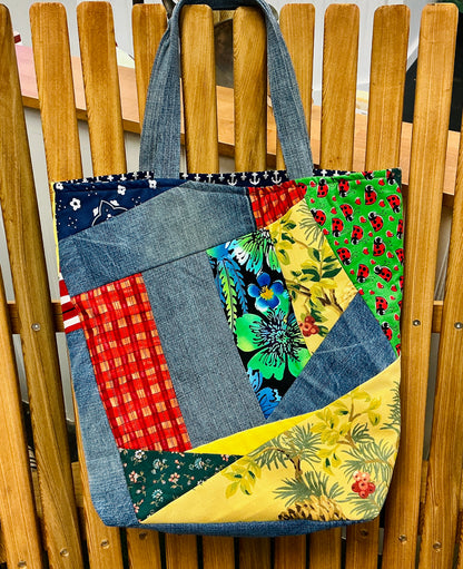 Quilted Market Tote Bag made with Up-cycled Denim & Fabric