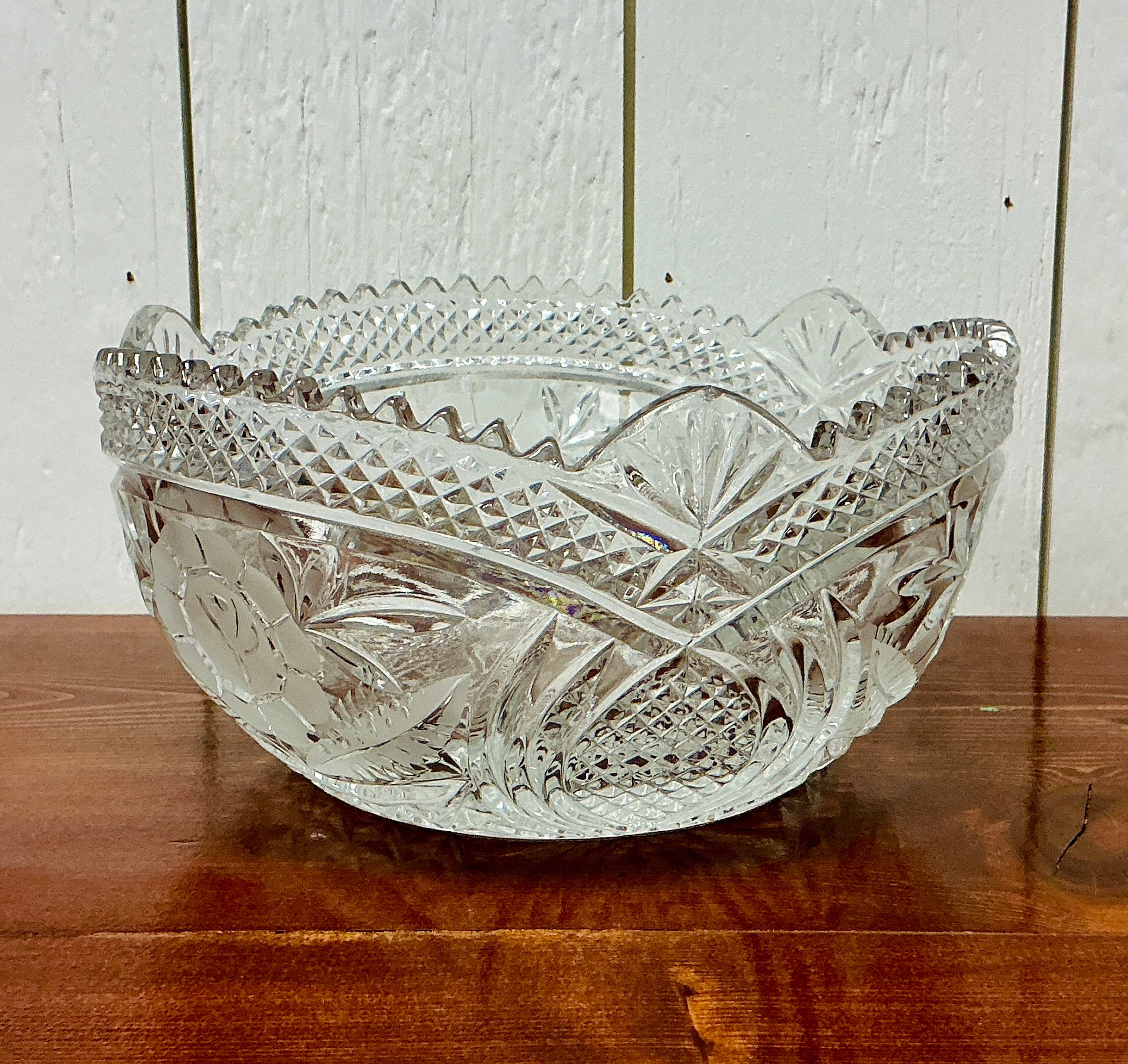 Vintage Crystal Glass Bowl with Sawtooth Rim