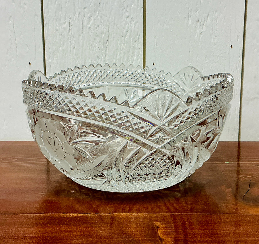 Vintage Crystal Glass Bowl with Sawtooth Rim