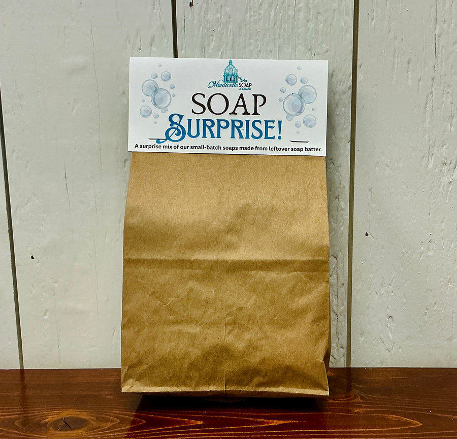 Soap Surprise mystery mini bar bag by Monticello Soap Company, zero-waste assortment of small handcrafted soap bars.
