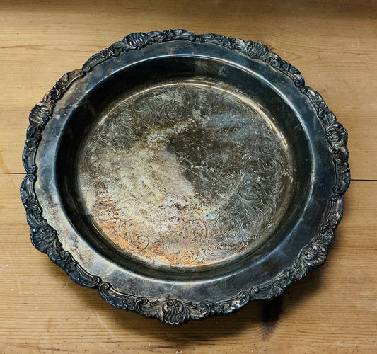 Antique Round Ornate Silver Plated Tray
