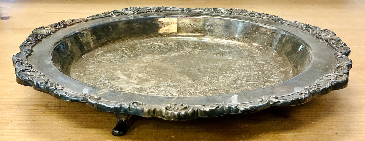 Antique Round Ornate Silver Plated Tray