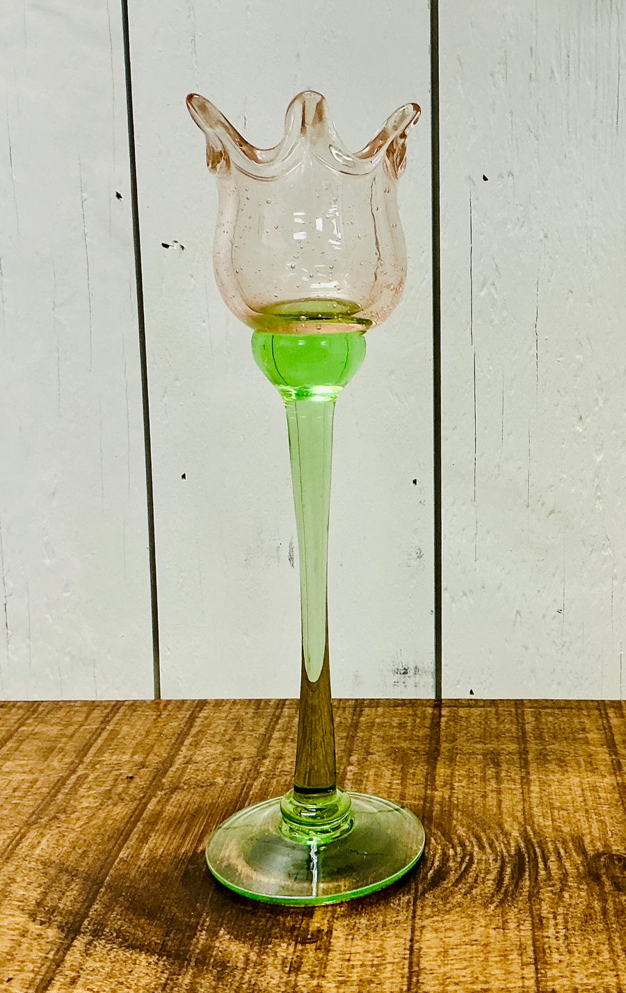 Handblown Glass Stemmed Flower Tea Light or Votive Candle Holder - Pink, vintage find from Monticello Soap Company