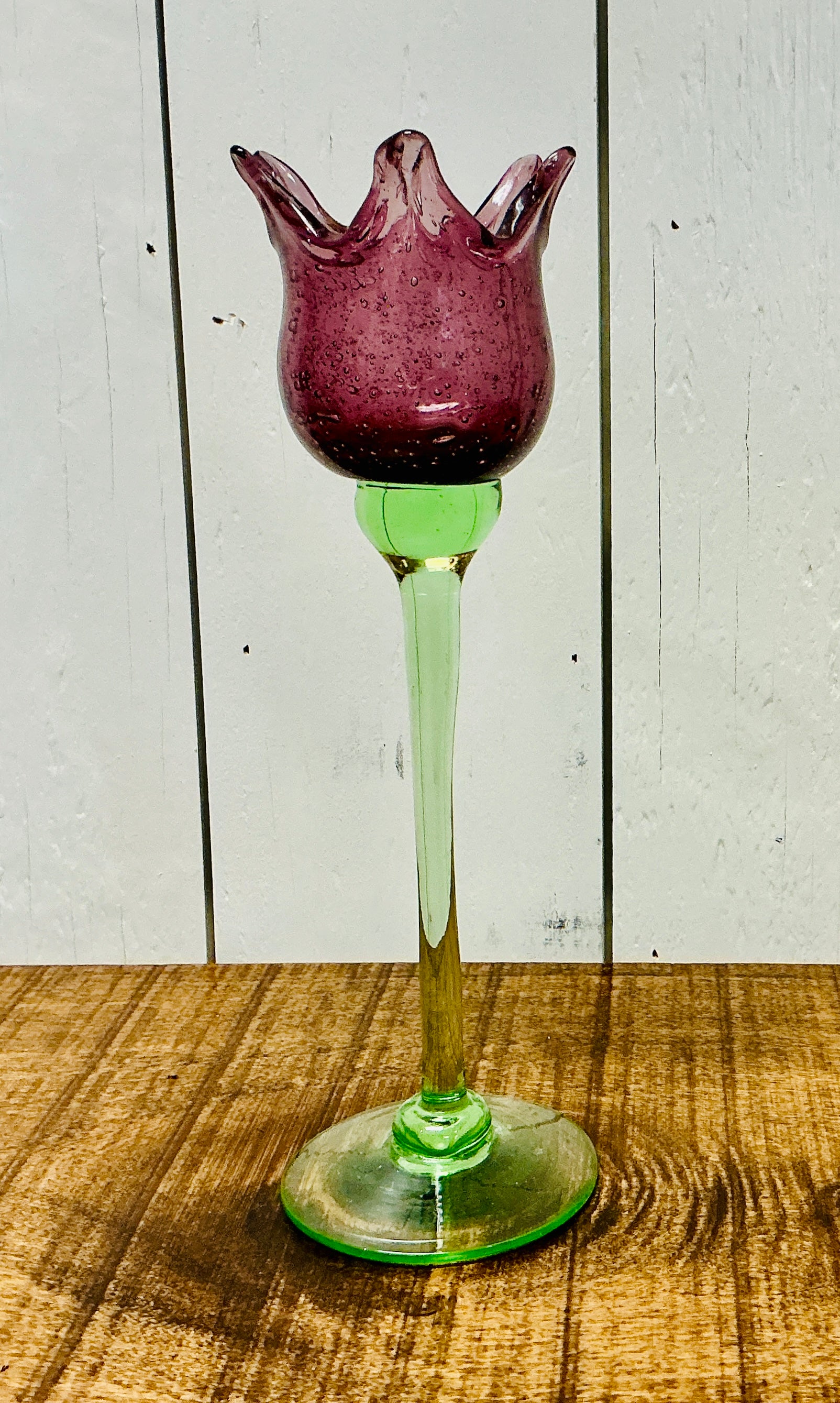 Handblown Glass Stemmed Flower Tea Light or Votive Candle Holder - Purple