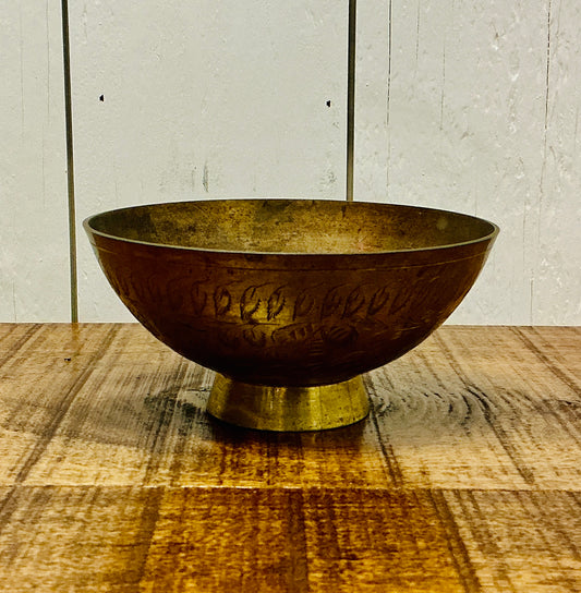 Vintage Chinese Brass Bowl with Engraved Leaf Pattern
