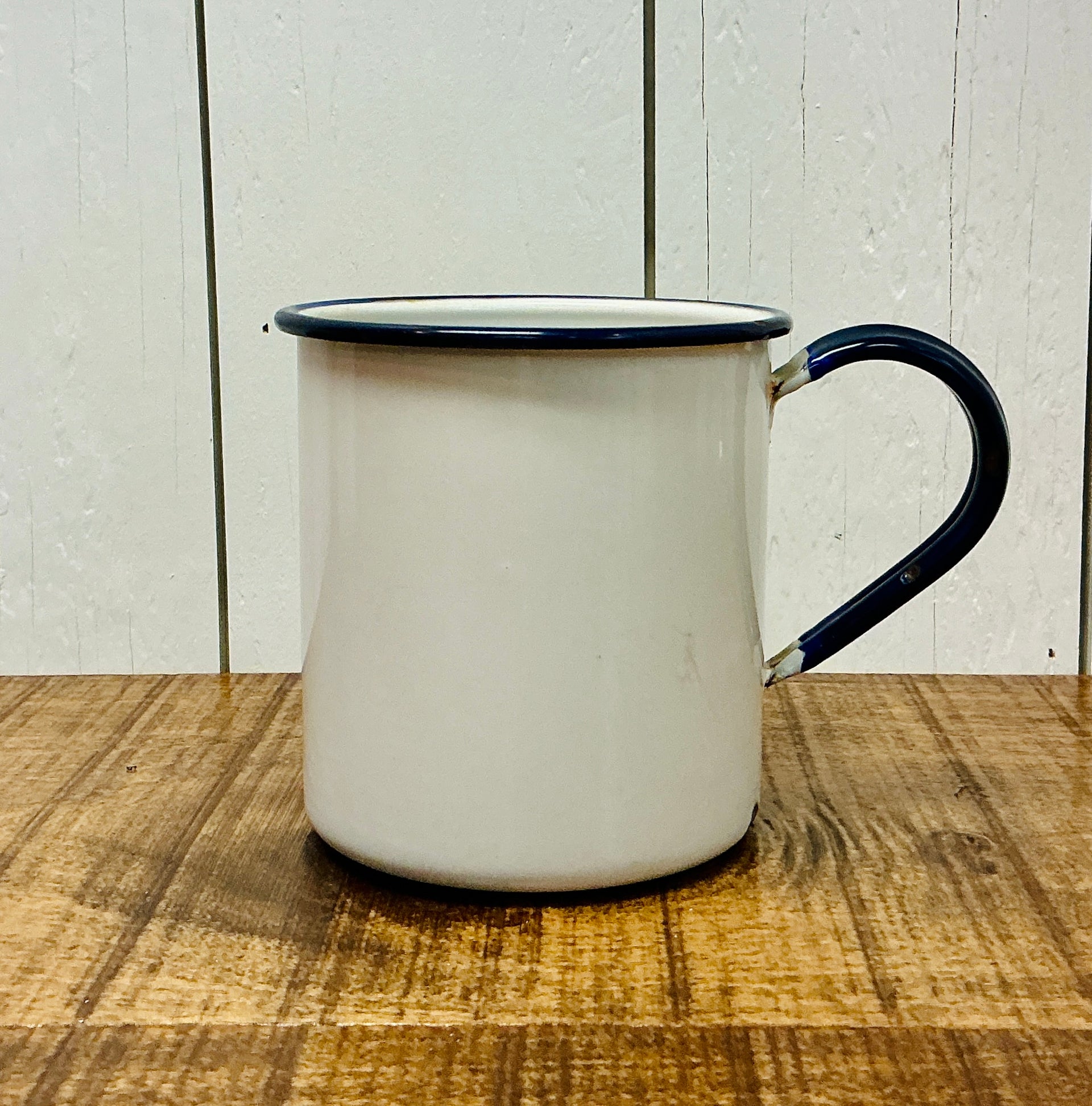 Vintage Large Enamelware Mug with Blue Rim and Handle