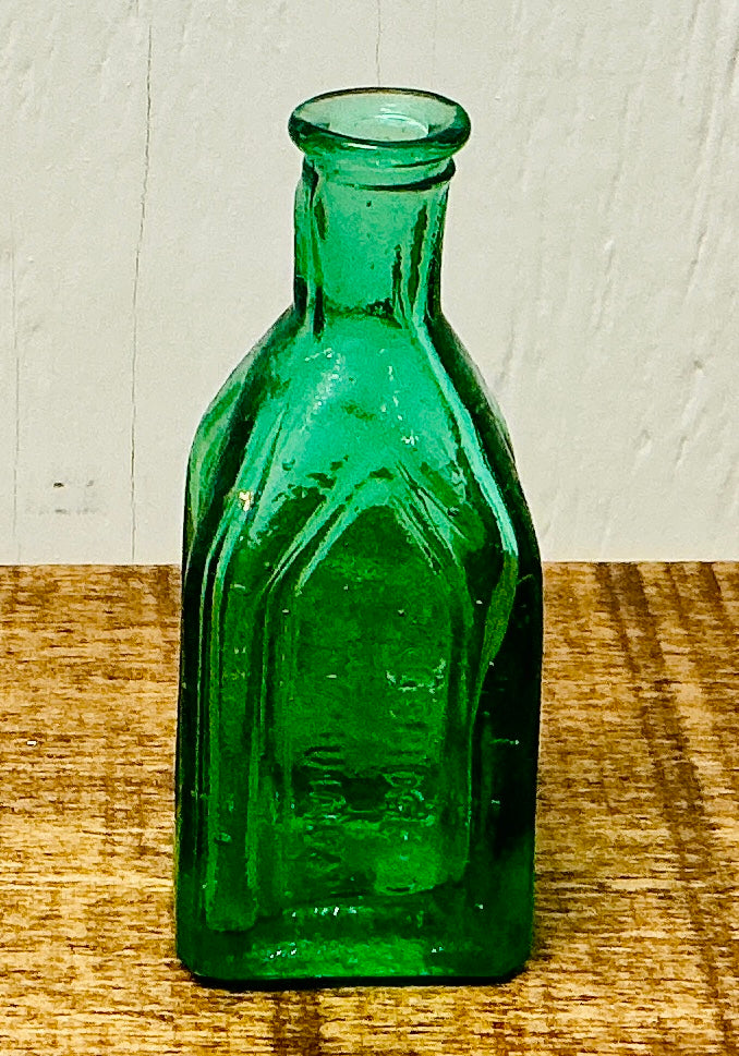 Miniature Vintage Green Glass Chief Wahoo Electric Tonic Bottle, vintage one-of-a-kind find from Monticello Soap Company