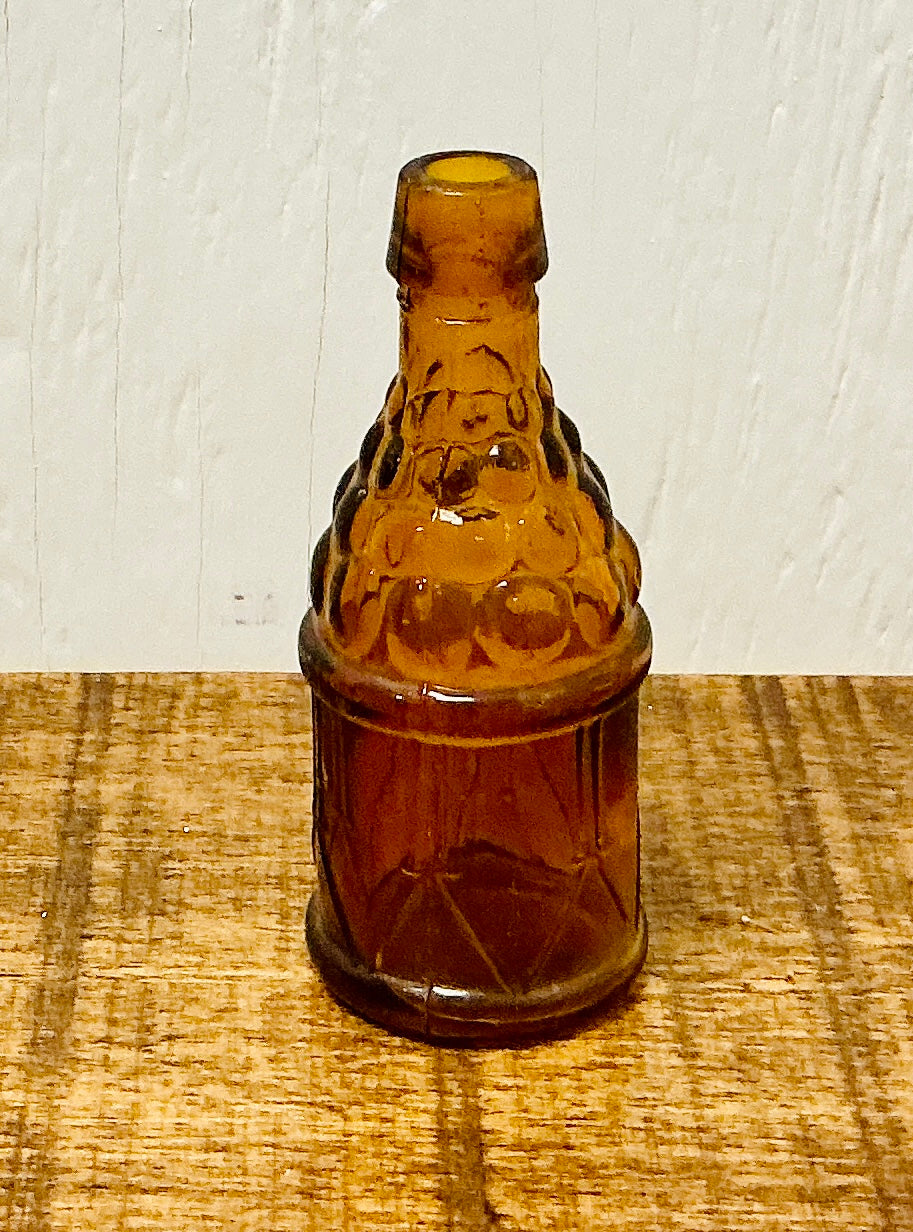 Vintage Wheaton Amber Glass "Drum & Grapes" Bottle, vintage one-of-a-kind find from Monticello Soap Company