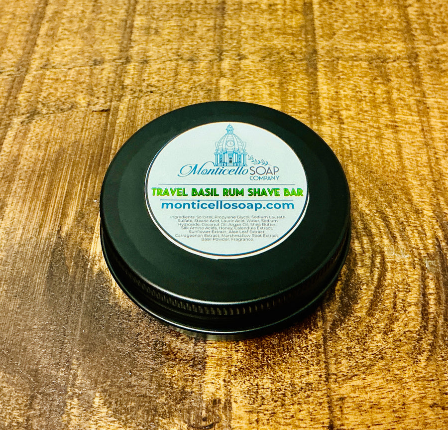 Basil Rum Shave Bar Travel Tin by Monticello Soap Company, bay rum shave soap in travel tin