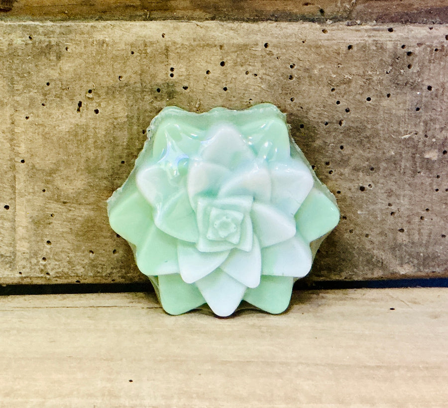 Simply Succulent handcrafted bar soap by Monticello Soap Company, succulent-shaped novelty bar with soft linen scent.