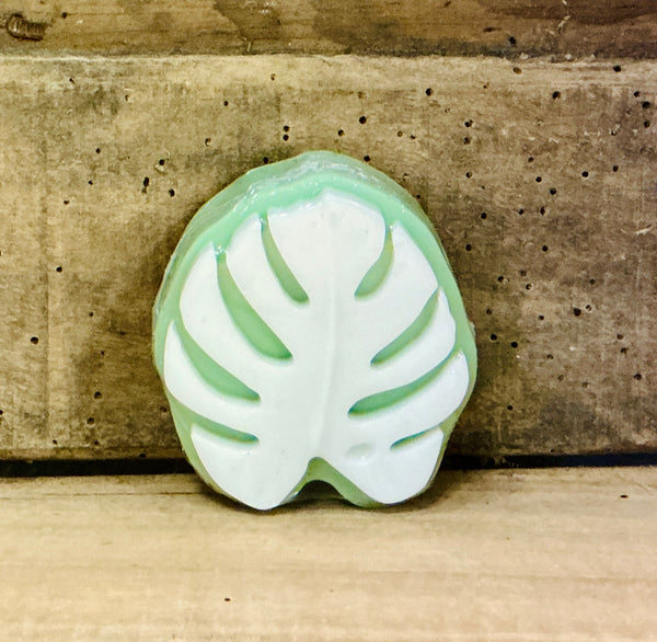 Monstera Mist handcrafted bar soap by Monticello Soap Company, monstera leaf-shaped novelty bar with sage and lemongrass scent.