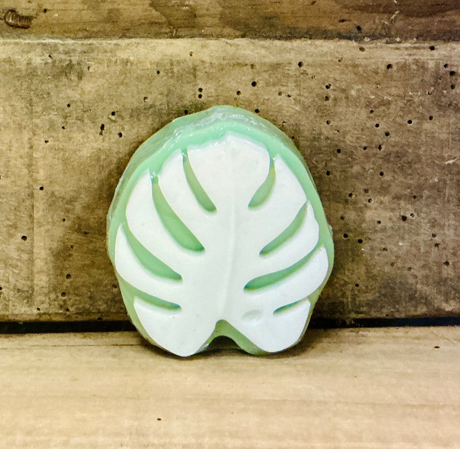 Monstera Mist handcrafted bar soap by Monticello Soap Company, monstera leaf-shaped novelty bar with sage and lemongrass scent.