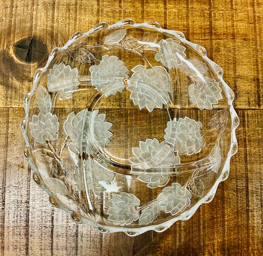 Vintage Crystal Clear Studios Chrysanthemum Frosted Divided Serving Tray