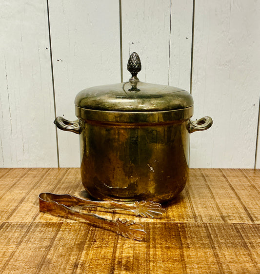 Vintage Silver-Plated Ice Bucket with Pineapple Finial Lid with Ice Tongs