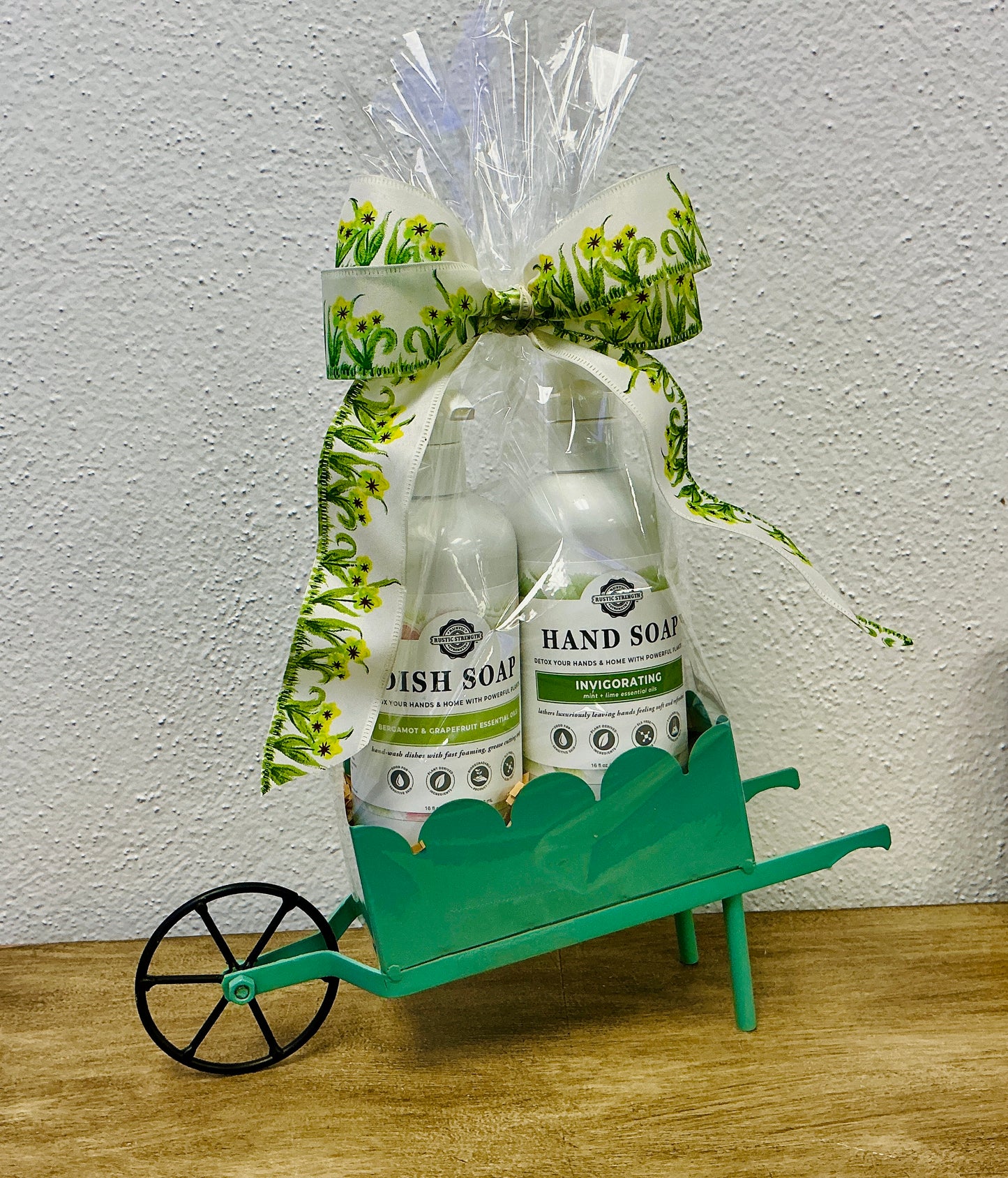Suds and Sunshine Gift Set by Monticello Soap Company, bergamot grapefruit dish and hand soap in sage wheelbarrow