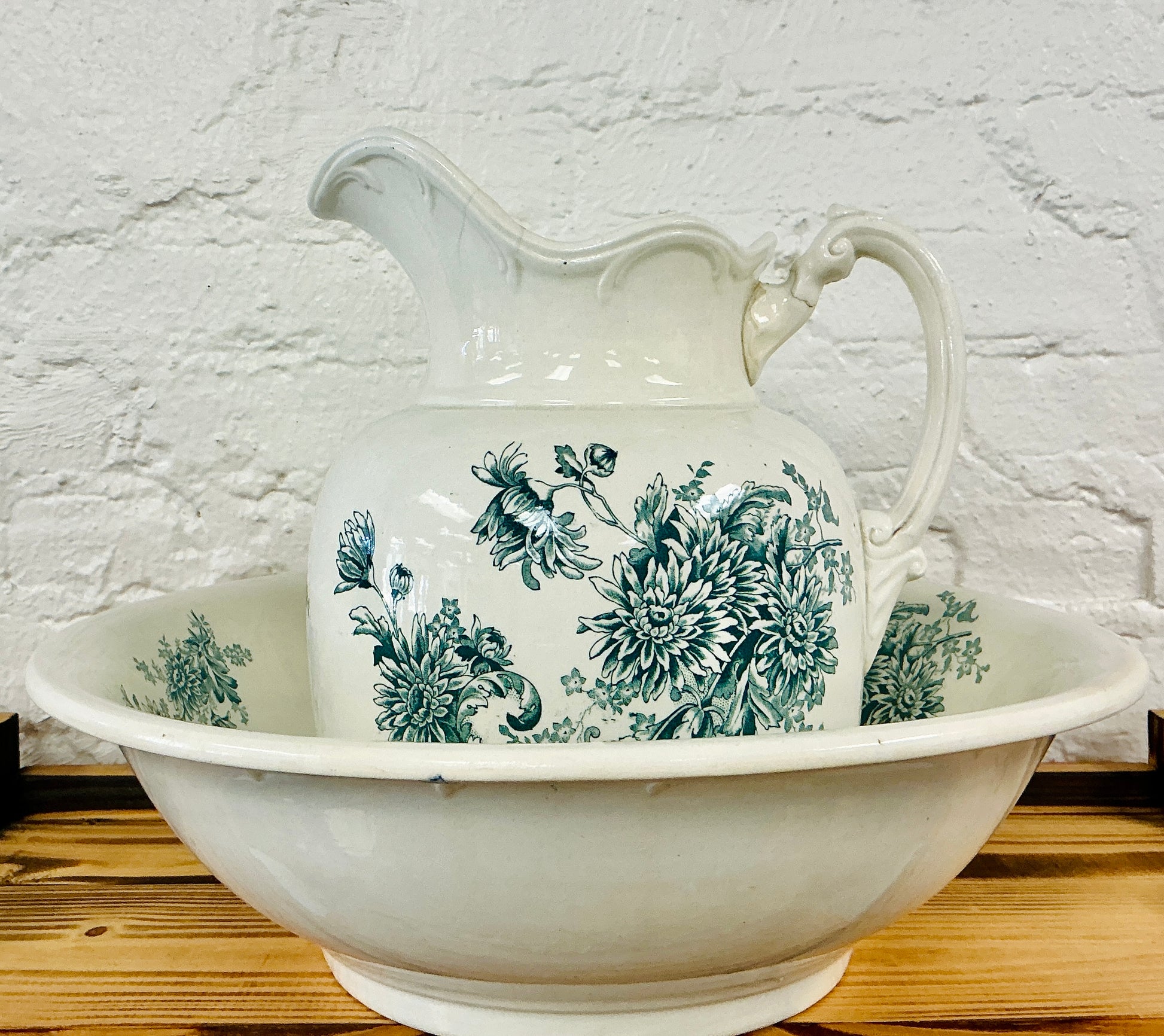 Antique Pitcher & Basin Set, Chrysanthemum Green Pattern, vintage one-of-a-kind find from Monticello Soap Company