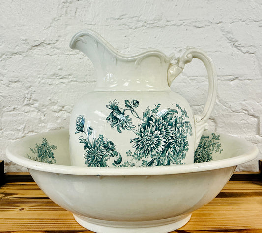 Antique Pitcher & Basin Set, Chrysanthemum Green Pattern, vintage one-of-a-kind find from Monticello Soap Company