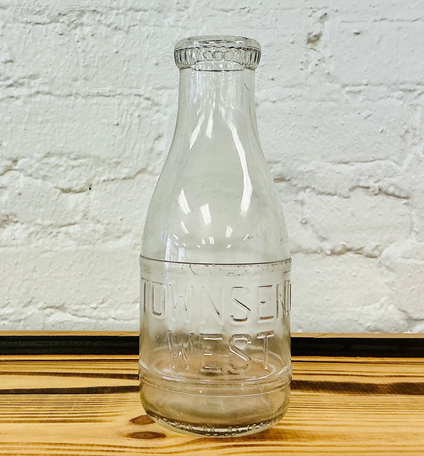 Vintage Glass Milk Jug, One Quart Embossed with Townsend West, vintage one-of-a-kind find from Monticello Soap Company