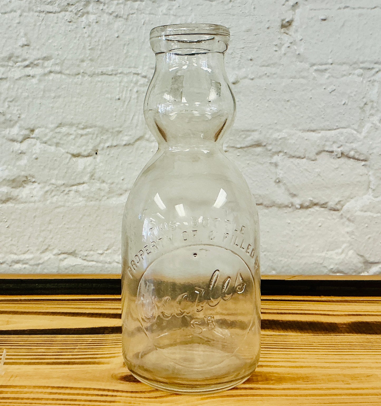 Vintage Glass Cream Top Milk Jug, One Quart, Embossed with Searles, vintage one-of-a-kind find from Monticello Soap Company
