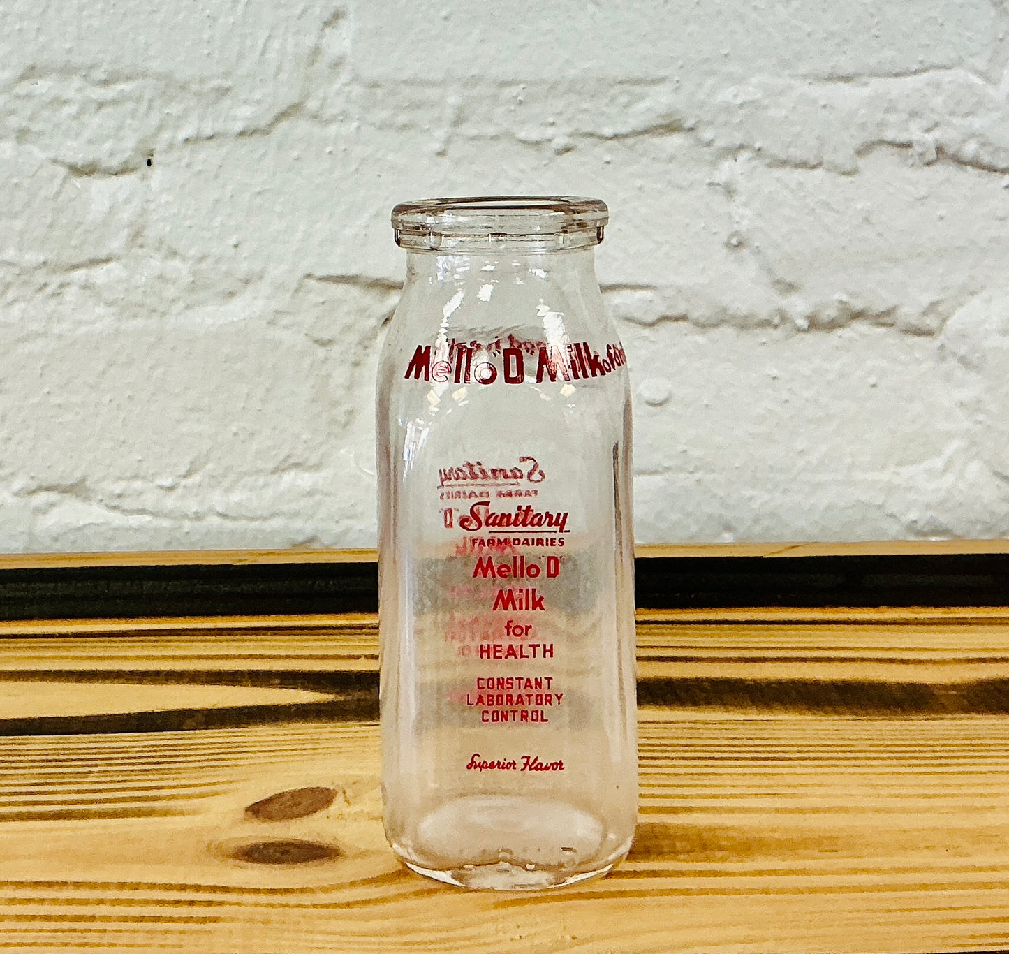 Vintage Mello D Sanitary Farm Dairies Milk Bottle, Half Pint, vintage one-of-a-kind find from Monticello Soap Company