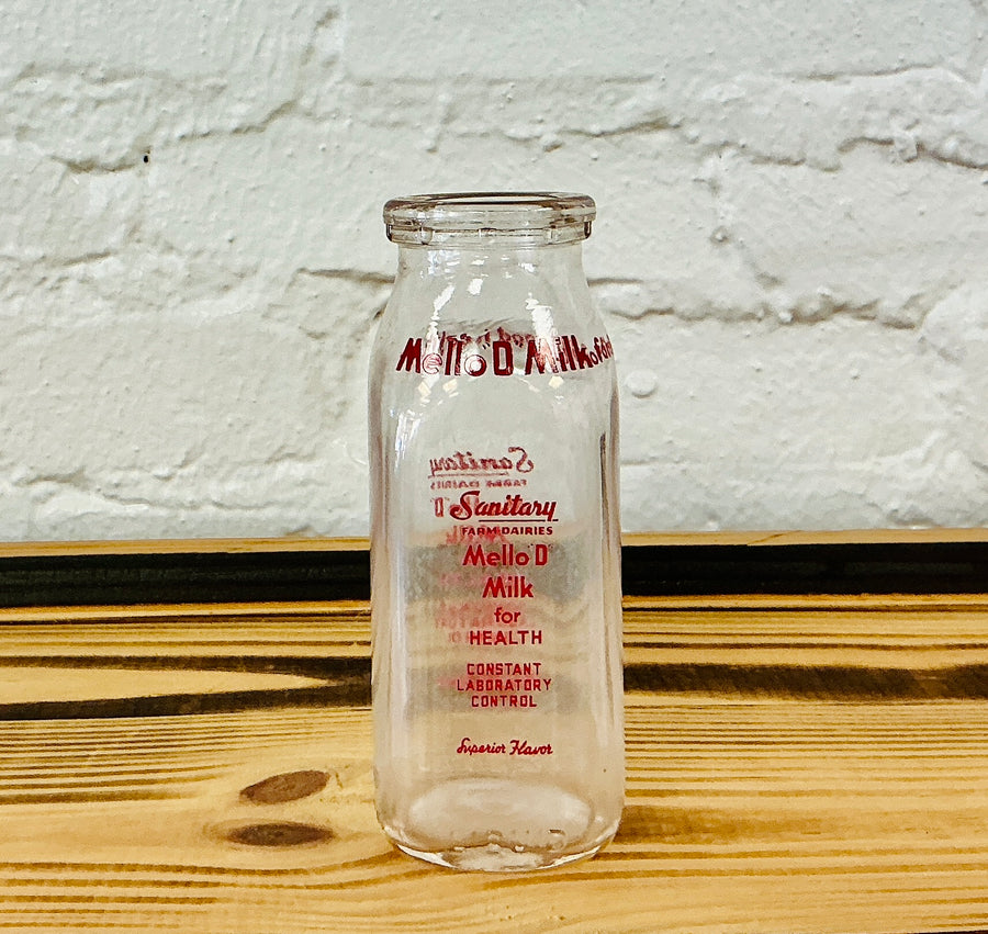 Vintage Mello D Sanitary Farm Dairies Milk Bottle, Half Pint, vintage one-of-a-kind find from Monticello Soap Company