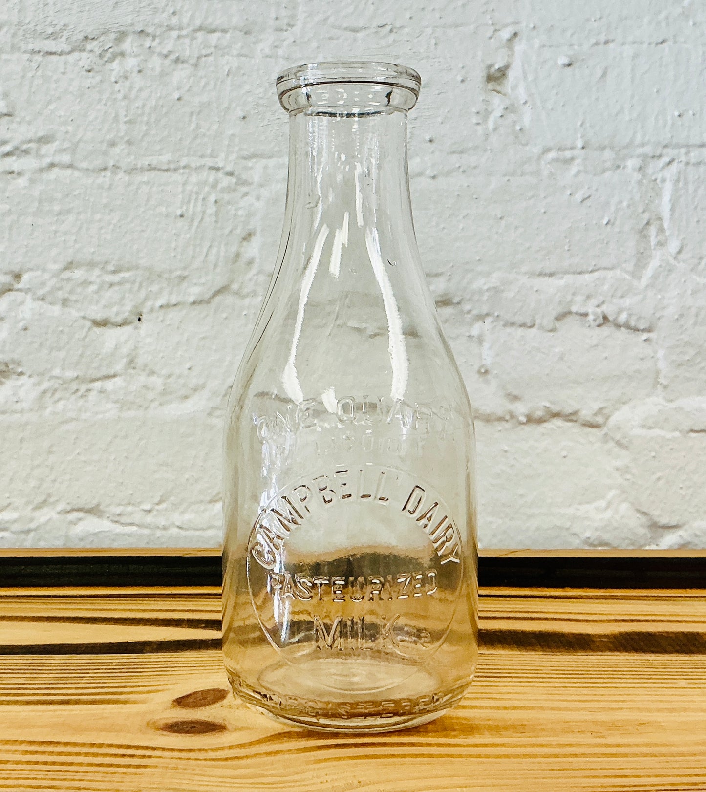 Vintage Glass Milk Bottle, One Quart, Embossed with Campbell Dairy