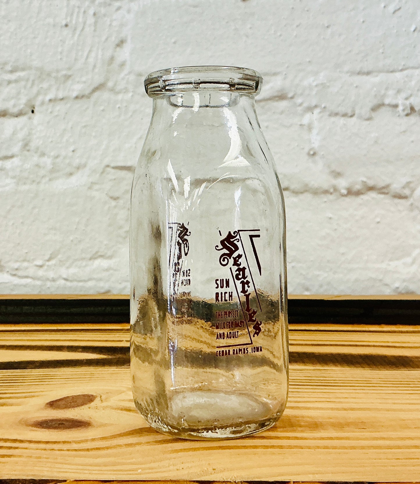 Vintage Milk Bottle, Half Pint, Printed with Sun Rich Searles, vintage one-of-a-kind find from Monticello Soap Company
