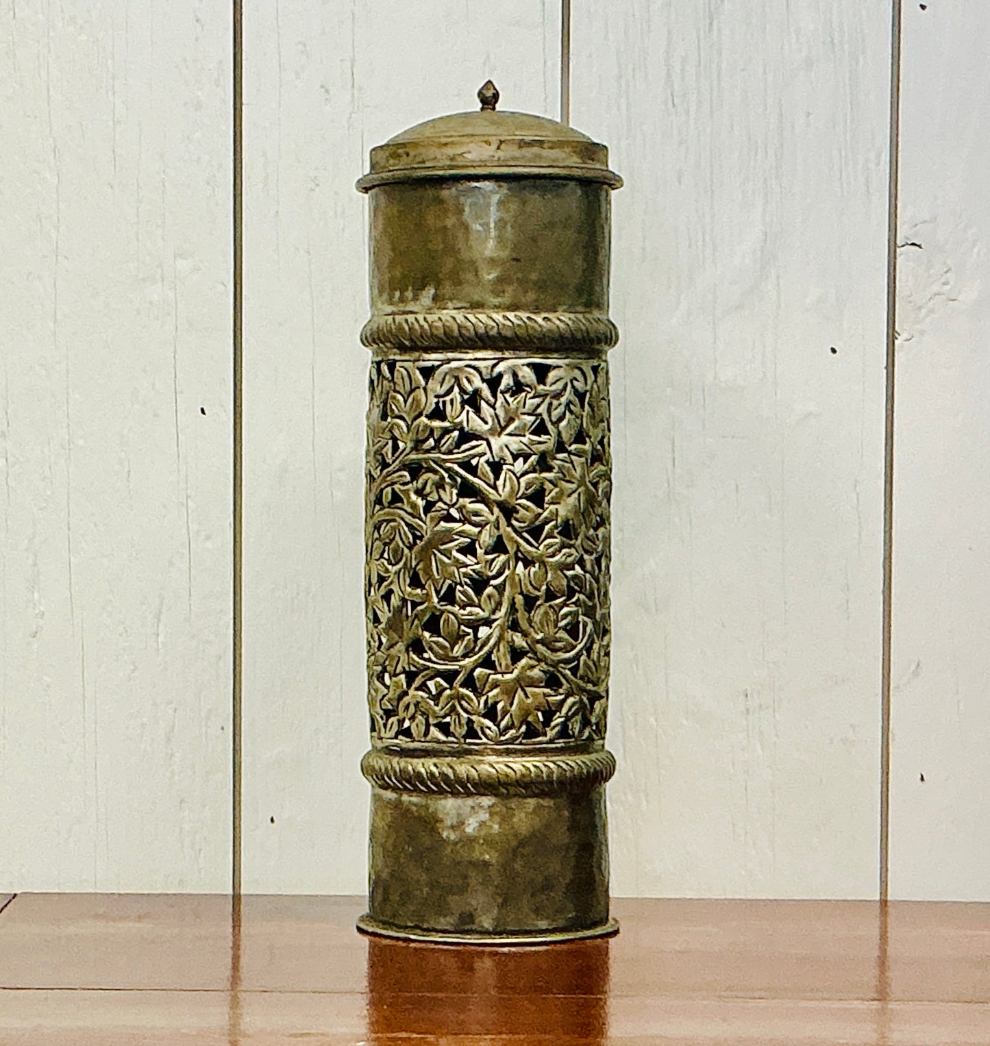 Vintage Ornate Metal Pillar Candle Holder with Lid, vintage one-of-a-kind find from Monticello Soap Company
