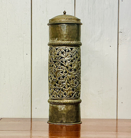 Vintage Ornate Metal Pillar Candle Holder with Lid, vintage one-of-a-kind find from Monticello Soap Company