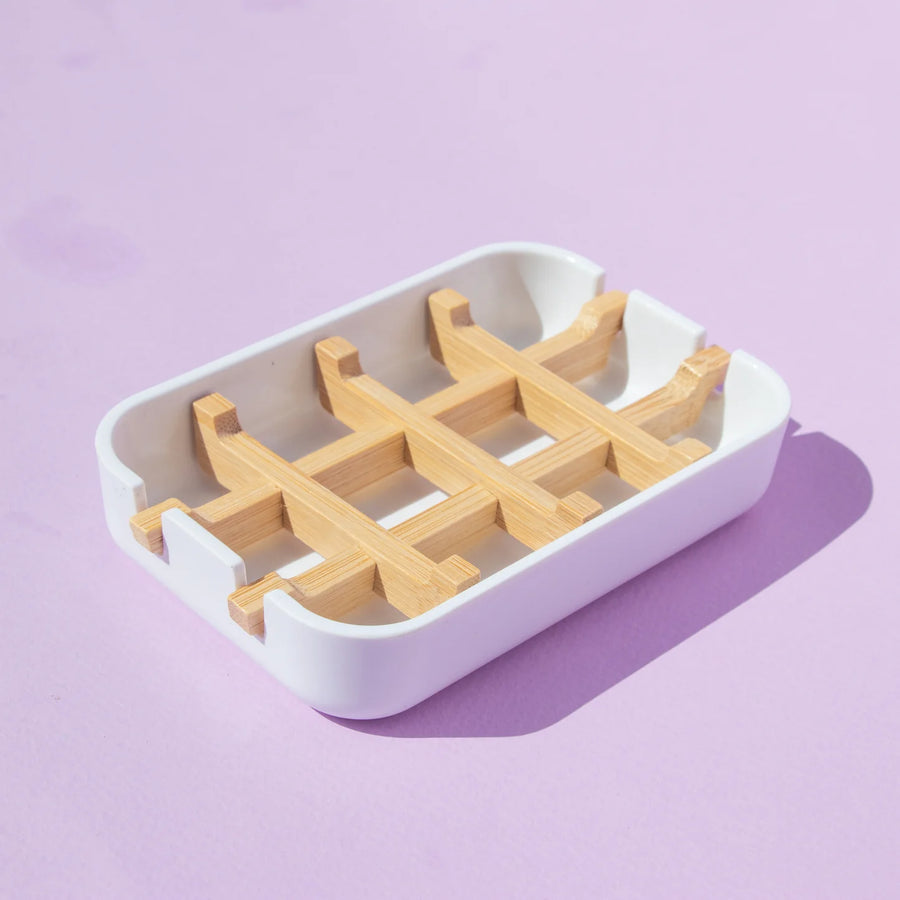 Humby Organics Snuggle Tray, a bamboo shampoo and conditioner bar holder with a drying rack