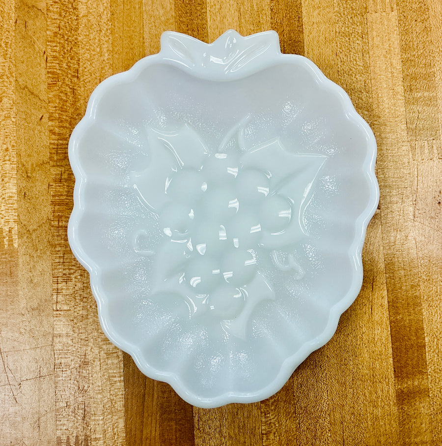 Vintage Hazel Atlas Milk Glass Candy Dish with Embossed Grape Design, vintage one-of-a-kind find from Monticello Soap Company