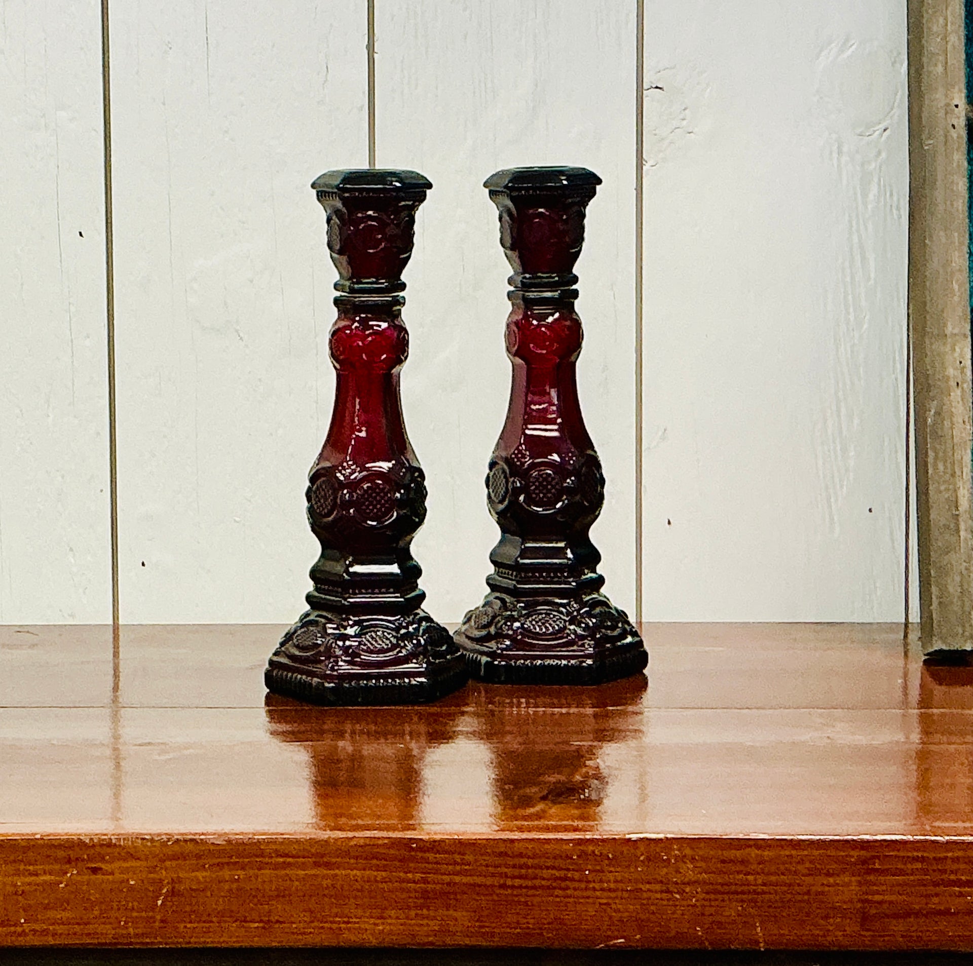 Vintage Avon Cape Cod 1876 Ruby Red Candlesticks, pair