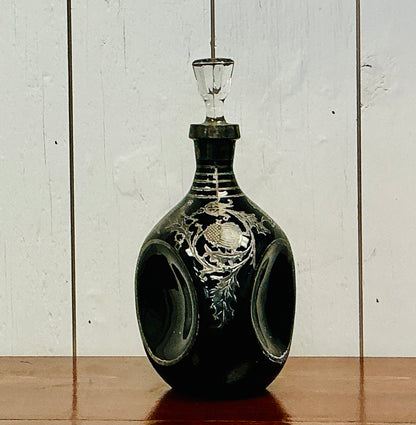 Vintage Black glass Pinch decanter with Sterling Silver overlay Thistle motif