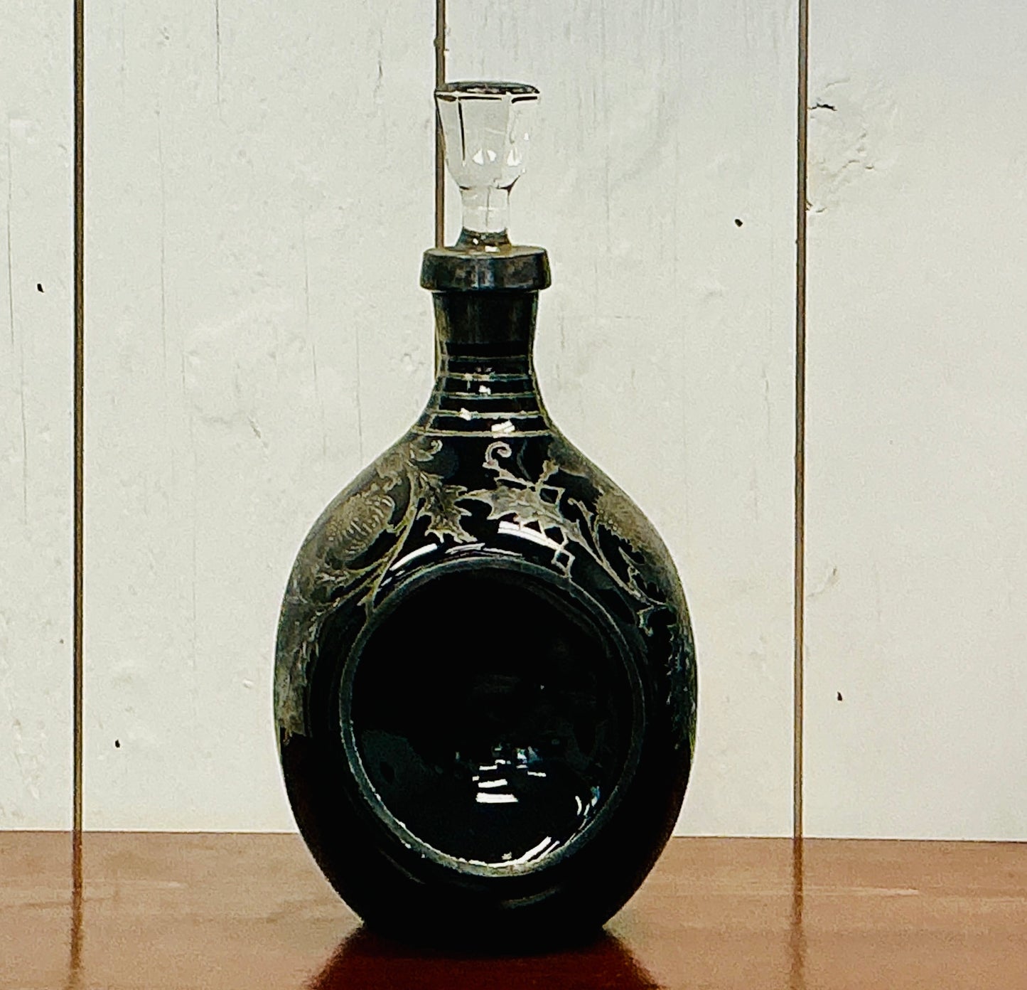 Vintage Black glass Pinch decanter with Sterling Silver overlay Thistle motif, vintage find from Monticello Soap Company