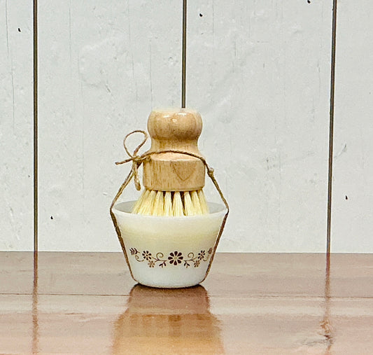 Vintage Dynaware Solid Dish Soap Set by Monticello Soap Company, vintage milk-glass cup with solid dish soap and palm brush