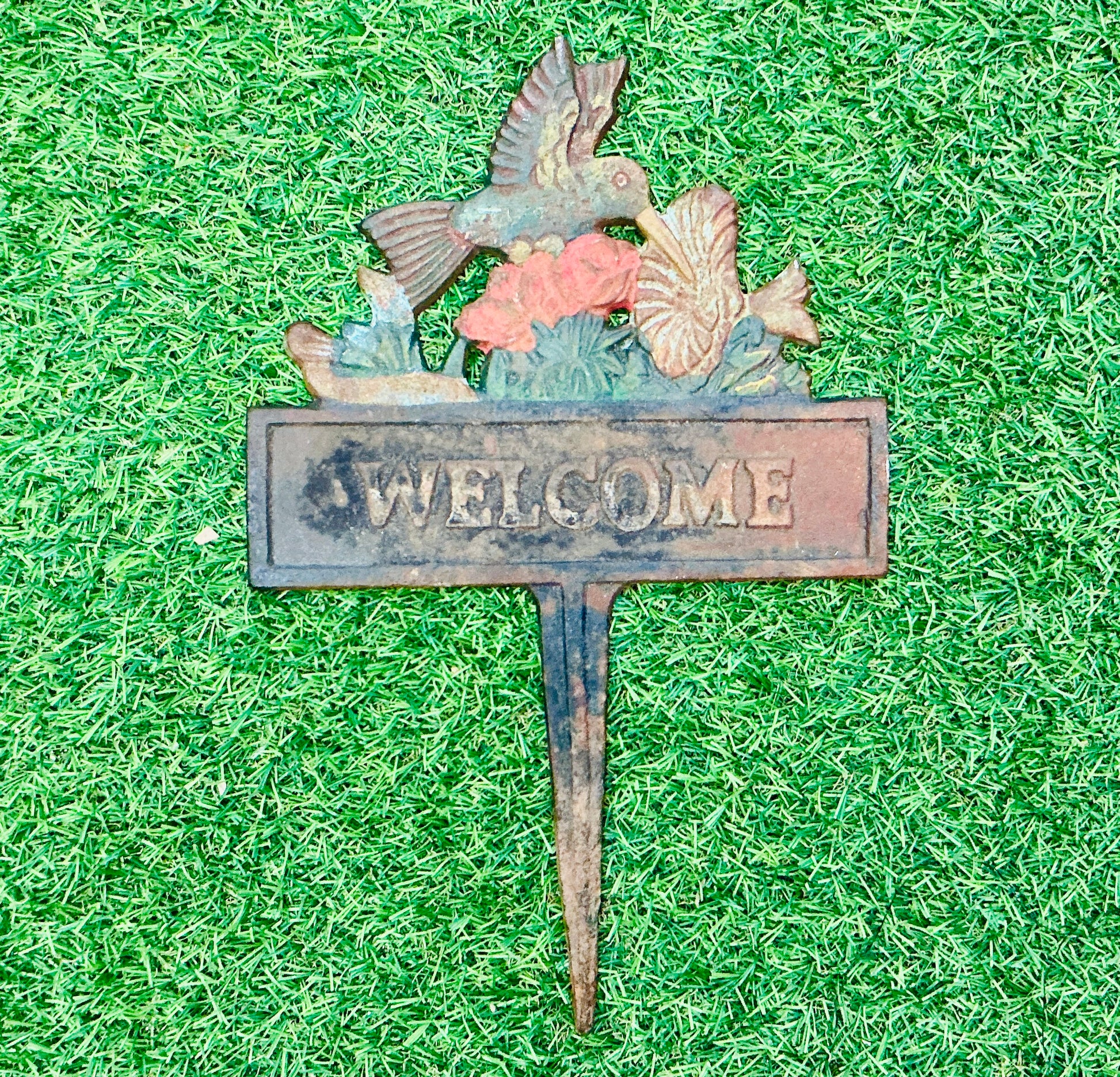 Vintage Cast Iron Hummingbird Welcome Yard Stake, vintage one-of-a-kind find from Monticello Soap Company