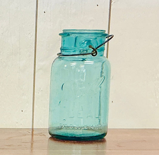 Vintage Ball Mason Quart Jar Aqua Glass with Wire Bail Closure, vintage one-of-a-kind find from Monticello Soap Company