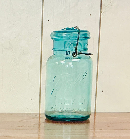 Vintage Ball Ideal Quart Aqua Mason Jar with Glass Lid and Wire Bail Closure, vintage find from Monticello Soap Company