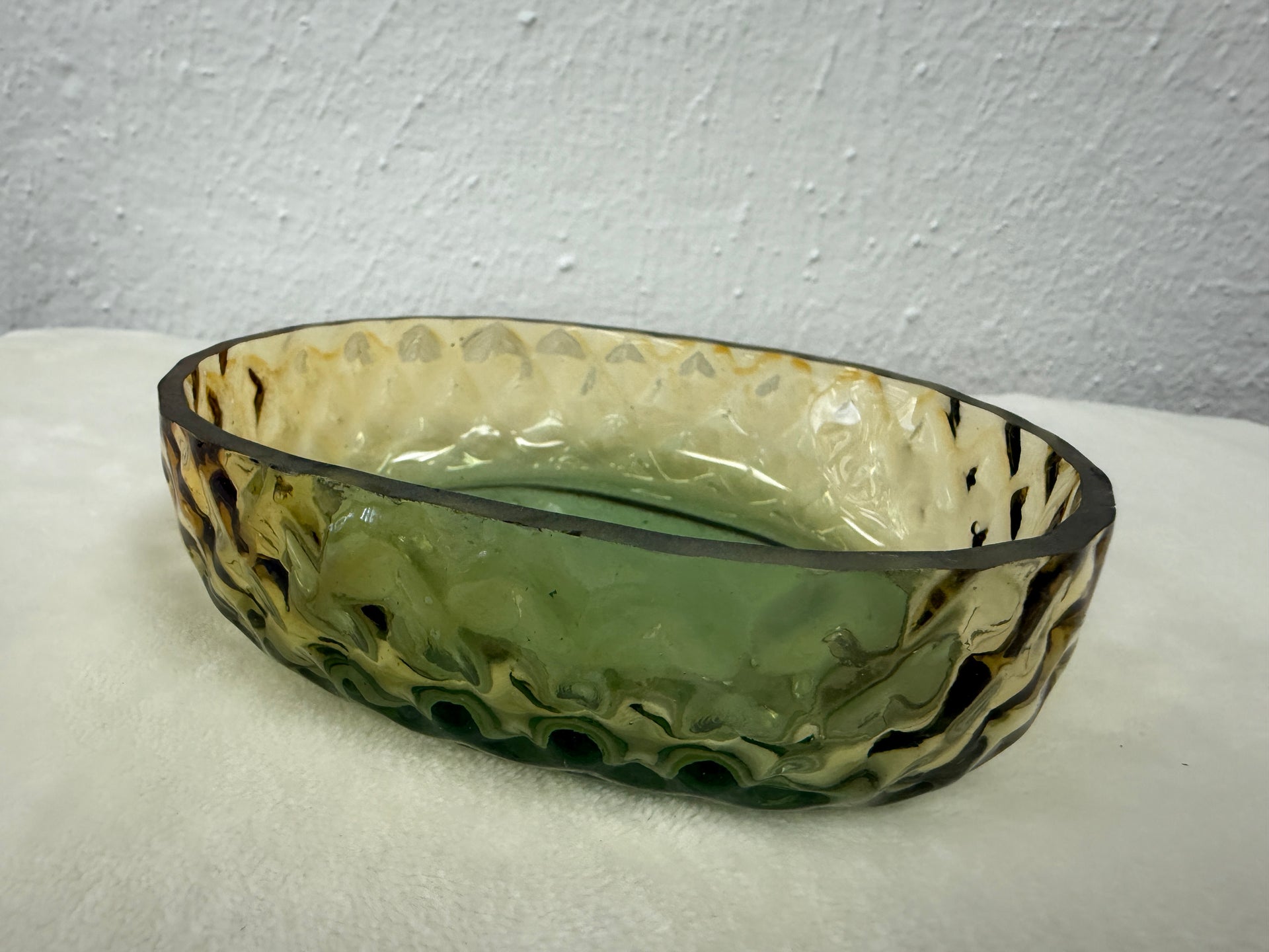 Green to Tan Glass Etched Oval Soap Dish