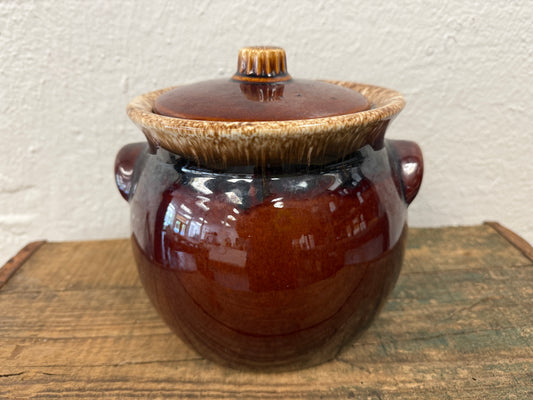 Vintage Hull Brown Drop Stoneware Bean Pot with Lid