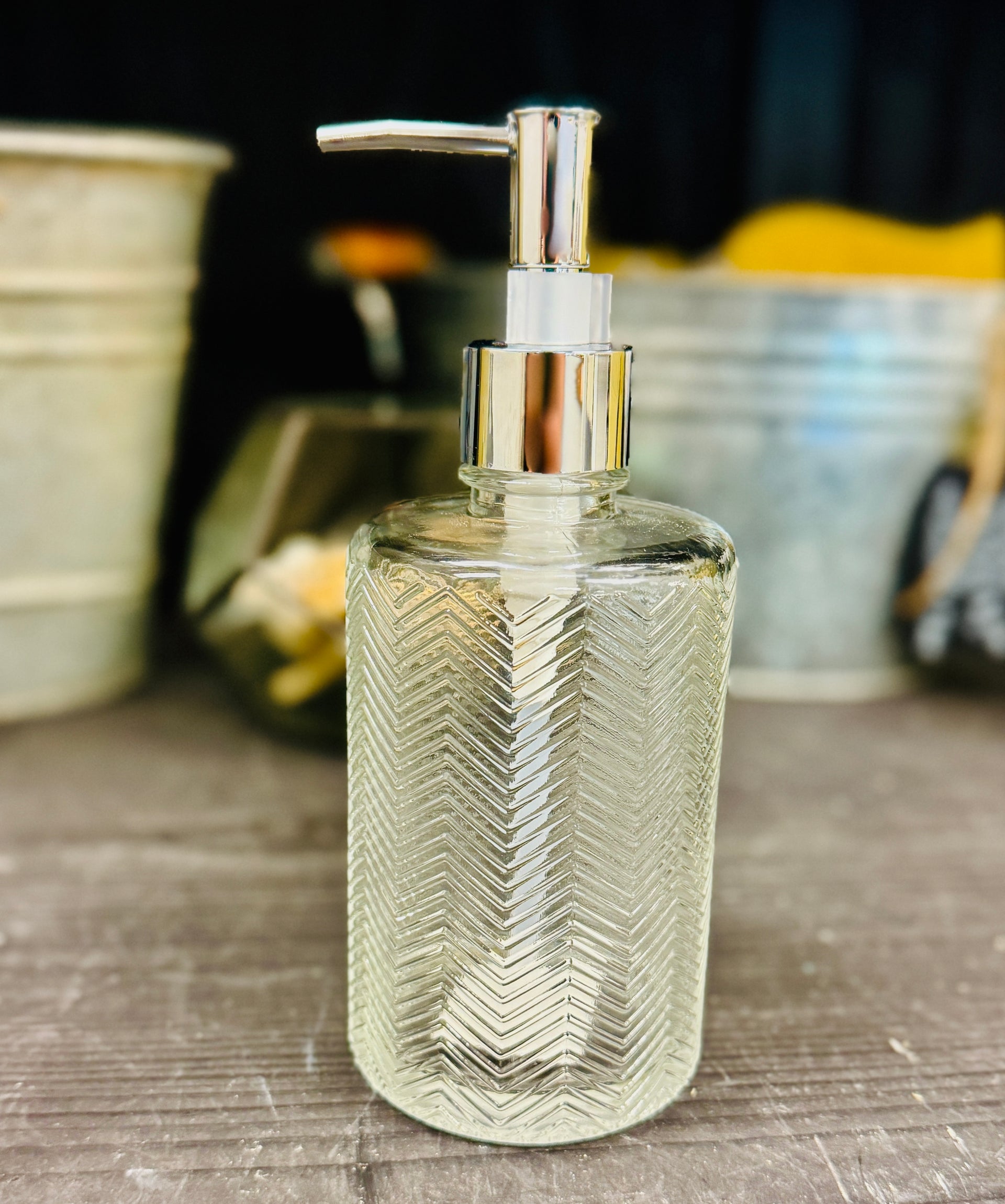 Glass Refillable Pump Bottle with Embossed Chevron Pattern