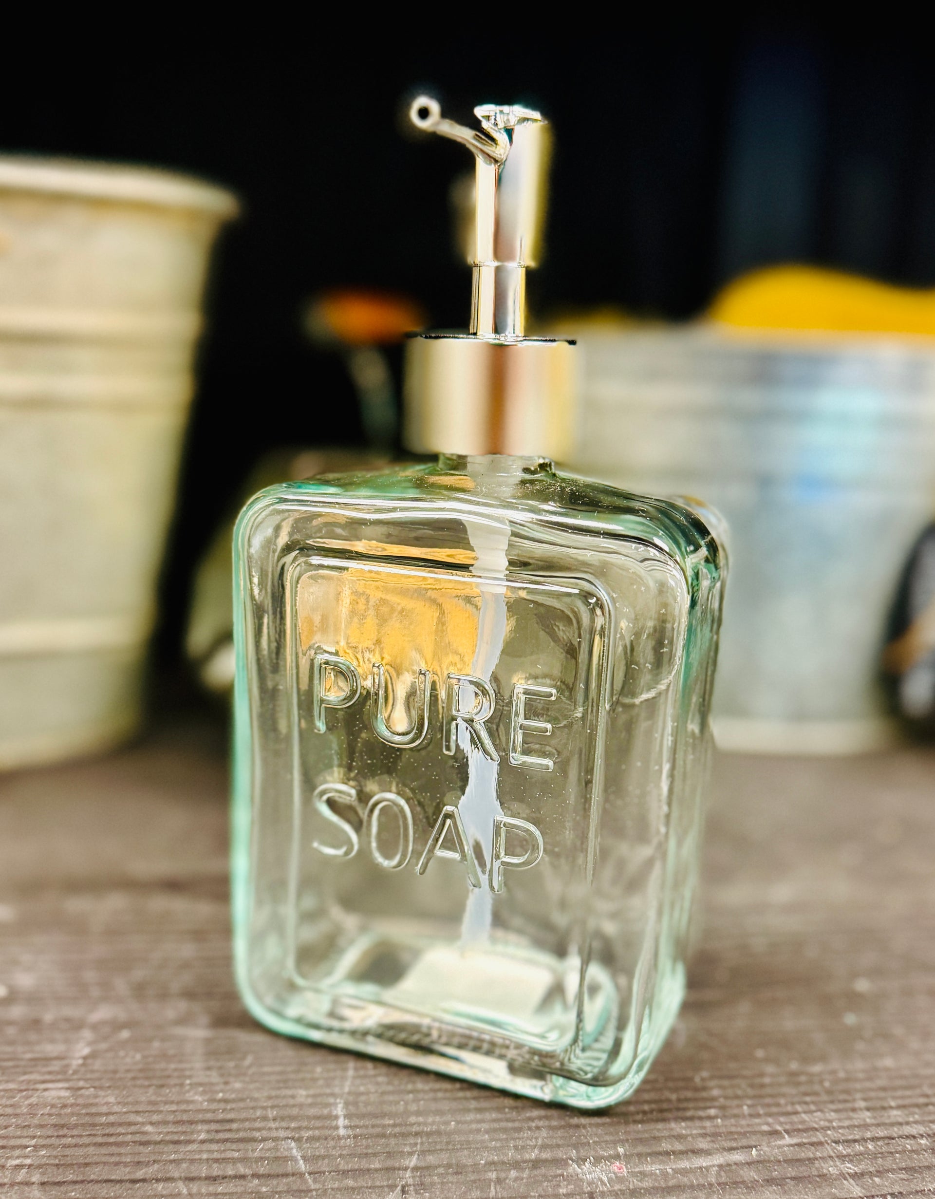 Glass Refillable Bottle with Pump, Embossed with Pure Soap Design