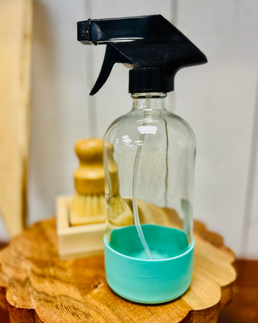 Glass Refillable Spray Bottle with Light Teal Silicone Sleeve