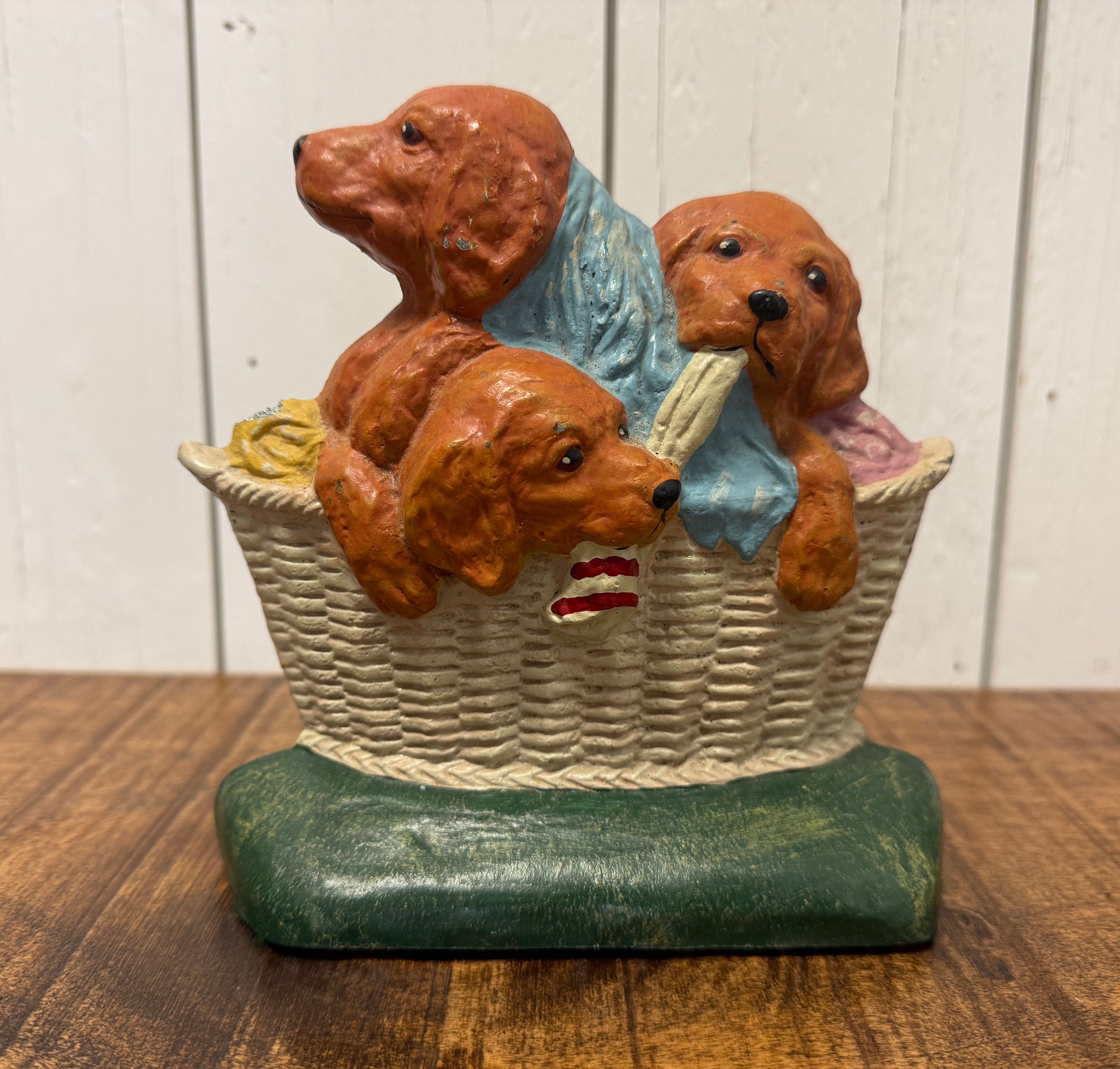 Vintage Cast Iron Door Stop, Judith the Dog Basket, vintage one-of-a-kind find from Monticello Soap Company
