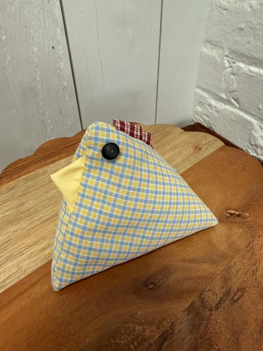 Handmade Primitive Fabric Chicken — Yellow & Blue Check
