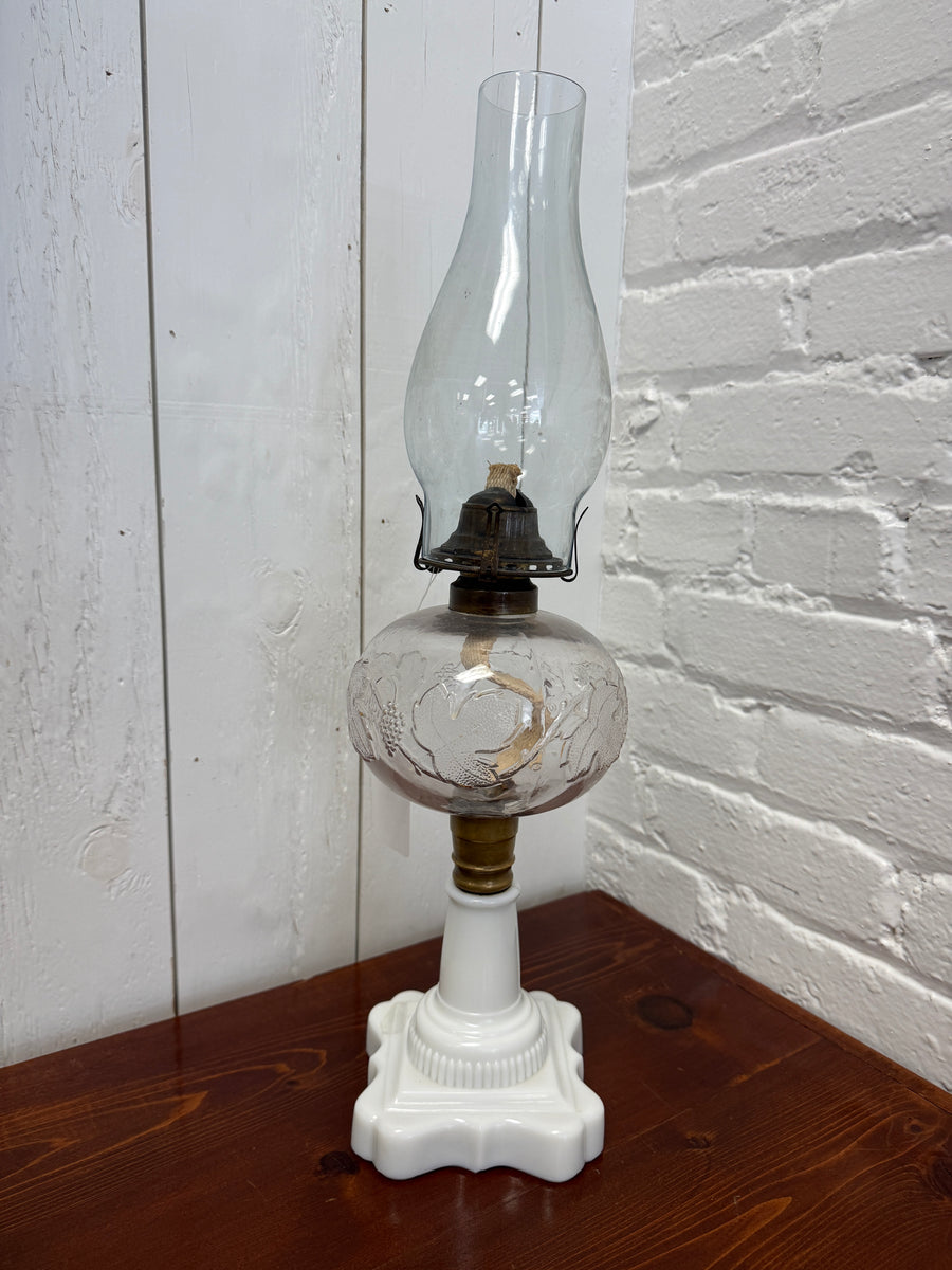 Antique Oil Lamp with Milk Glass Base & Embossed Grape Font — Local Pickup Only
