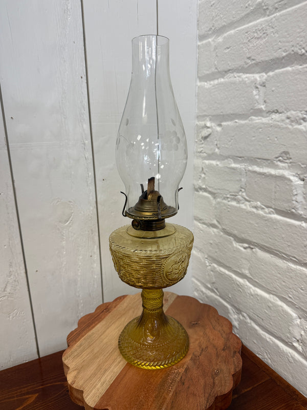 Antique Amber Glass Oil Lamp with Etched Grape Chimney — Local Pickup Only